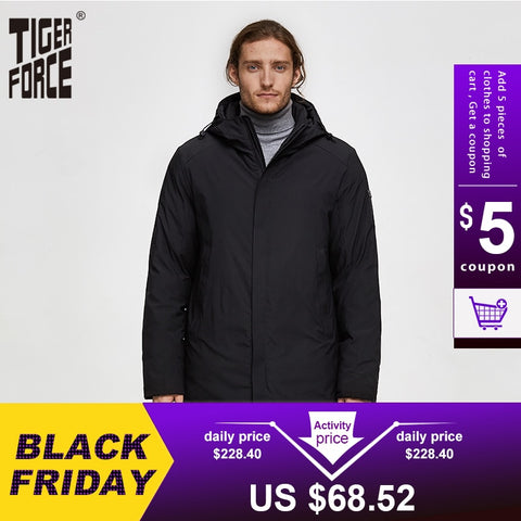 TIGER FORCE Men Autumn Winter Jacket Thicken Warm Long Male Parka Men's Padded Jacket Business Casual Overcoat Hooded Outwear